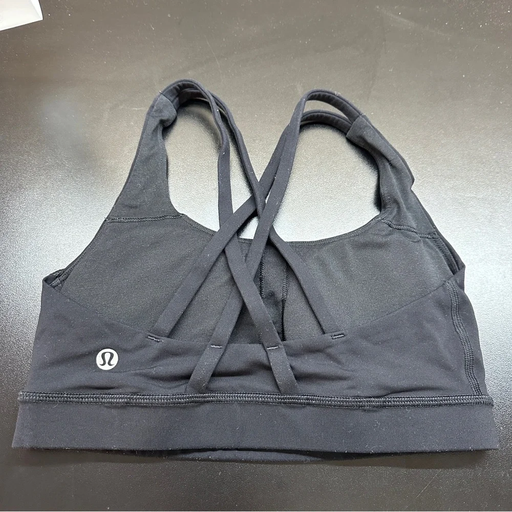 lululemon Energy Bra Medium Support Size 4 Black Strappy Back Yoga Gym Workout